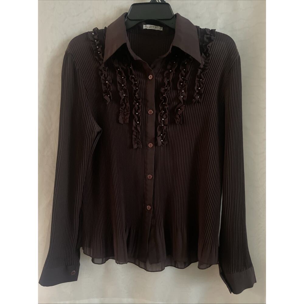 Women’s‎ Medium Blouse Button Down Burgundy Stretch Collar Beads SKF